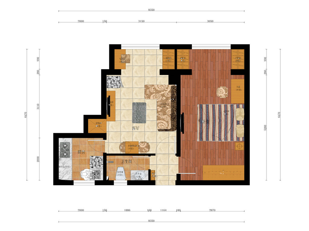 新古典风格一居室 55平米户型装修效果图