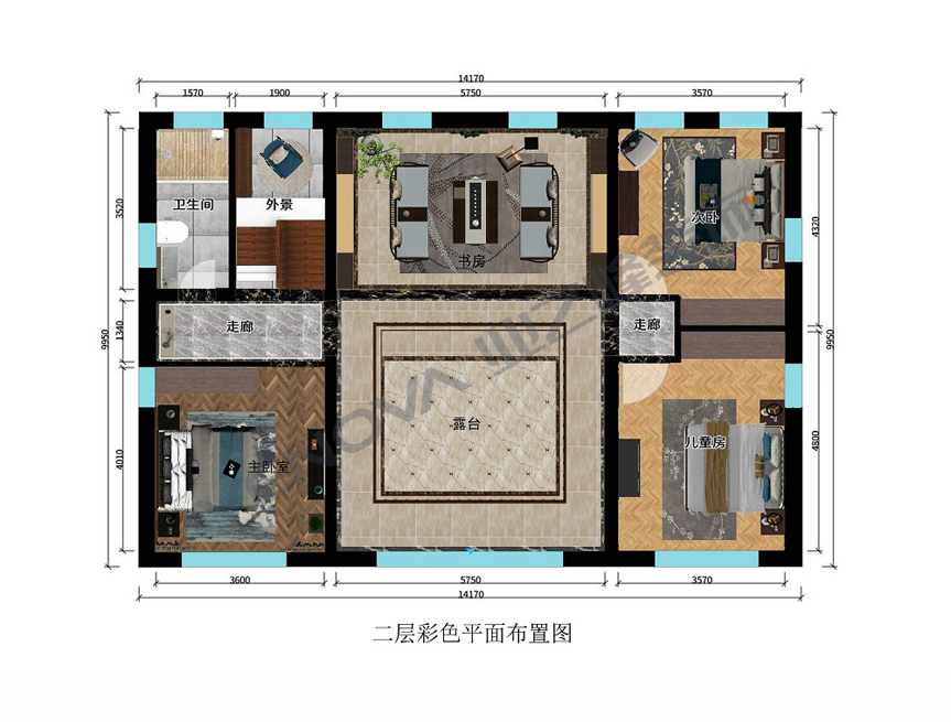 200平米别墅新中式风格装修二层彩色平面图